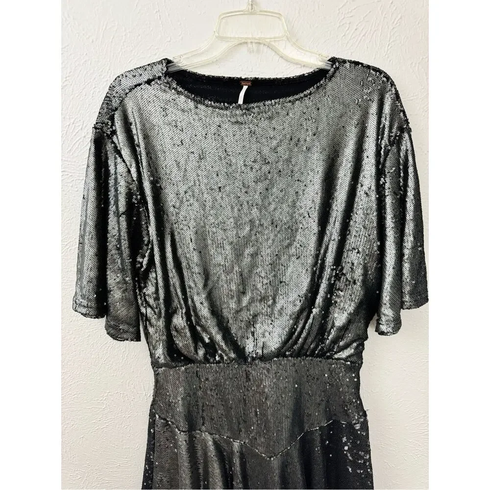 Free People Sequin Mini Dress Size Medium Silver Black Batwing Flawed AS-IS